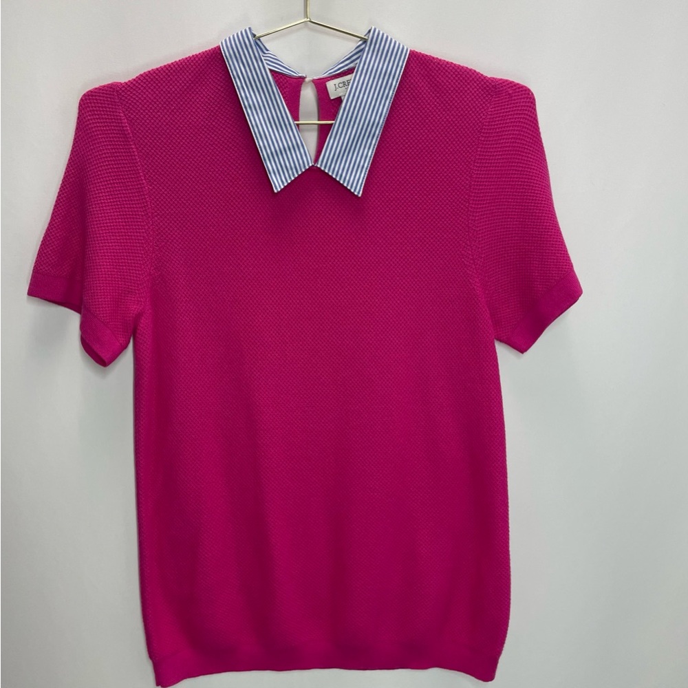 J Crew Pink Short Sleeve Woven Collar Sweater